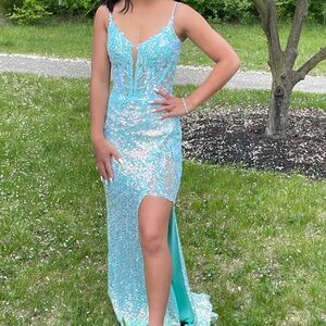 JVN by Jovani Green and Blue Embellished Gown with Slit and Spaghetti Straps
